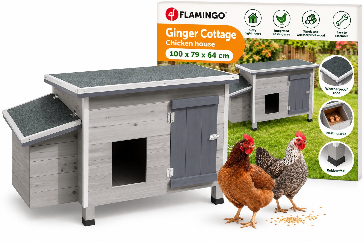 Bol.com Flamingo Kippenhok Ginger Cottage - 100 x 79 x 64 cm - Grijs Houten Hok met Legnest en Buitenren - Duurzaam, ruim en sti... aanbieding