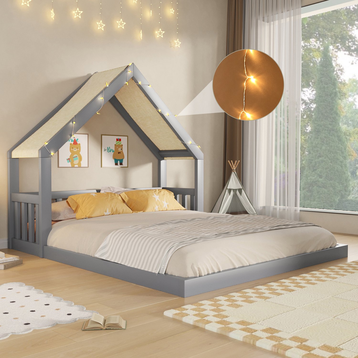 STILVORA Huisbed 140 x 200 cm – Houten Bed met Stoffen Dak – Lichtketting – voor Kinderkamers en Tienerkamers – Grijs – Zonder Matras