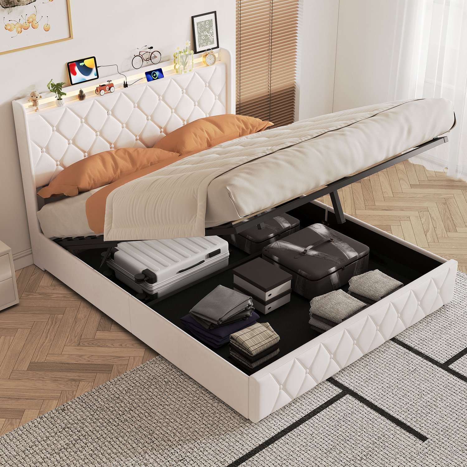 Mofor Gestoffeerd opbergbed 160x200 cm - tweepersoonsbed met RGB LED-verlichting en laadstation - fluwelen bekleding - beige