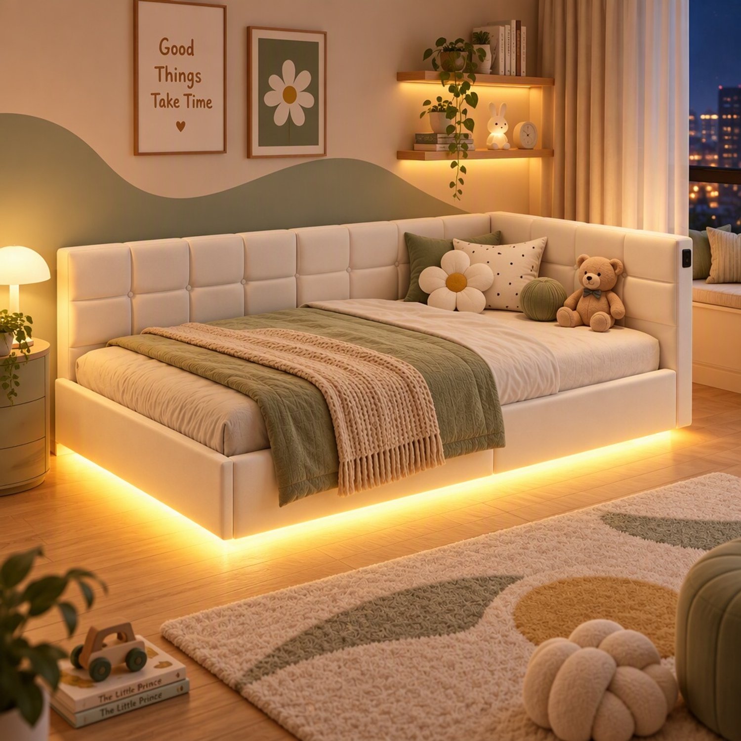 Mofor Gestoffeerd opbergbed 90x200 cm - eenpersoonsbed met RGB LED-verlichting en USB-poorten - fluwelen bekleding - crèmewit