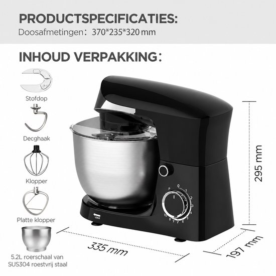 Keukenmachine – Mengkom 5 liter – 10 snelheden – Kantelkop – Zwart — afbeelding 5