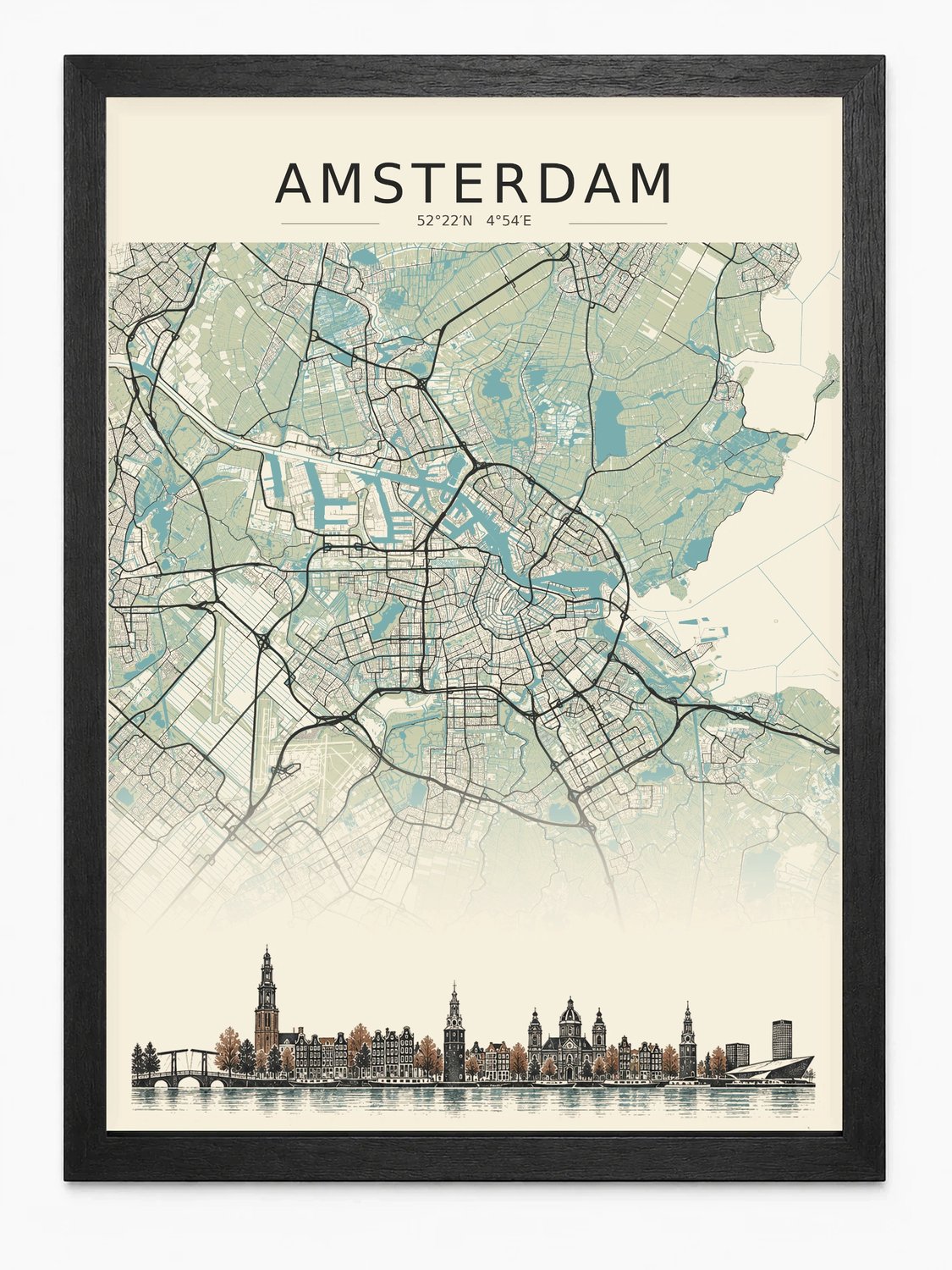 Joshimo Amsterdam Stadskaart Poster | Vintage Kaart met Skyline | Inclusief Zwarte A4 Lijst