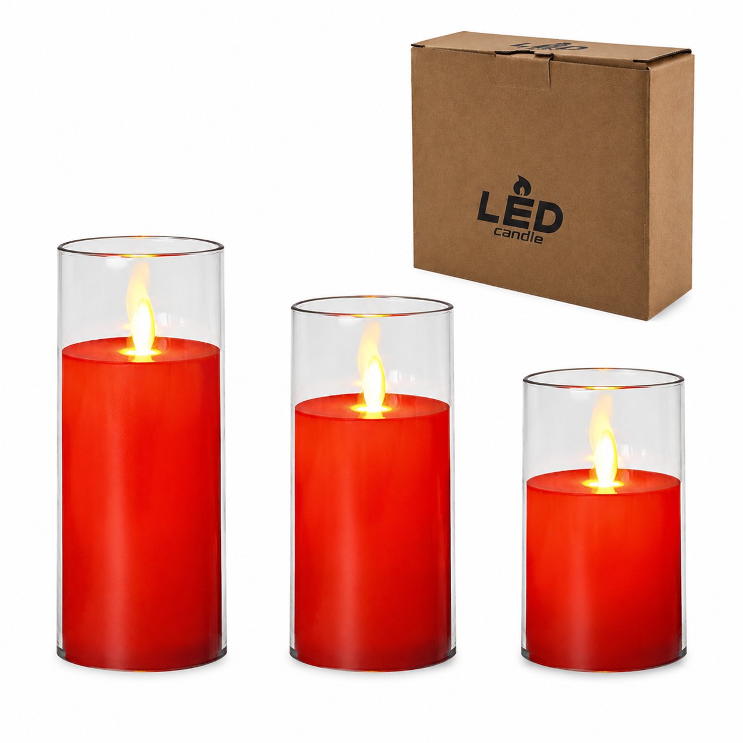 SWGOTA led kaarsen, set van 3 - rood met transparante kap en bewegende vlam, diameter 5,5 cm, hoogtes 10/12,5/15 cm, inclusief knoopcelbatterijen, in kartonnen doos