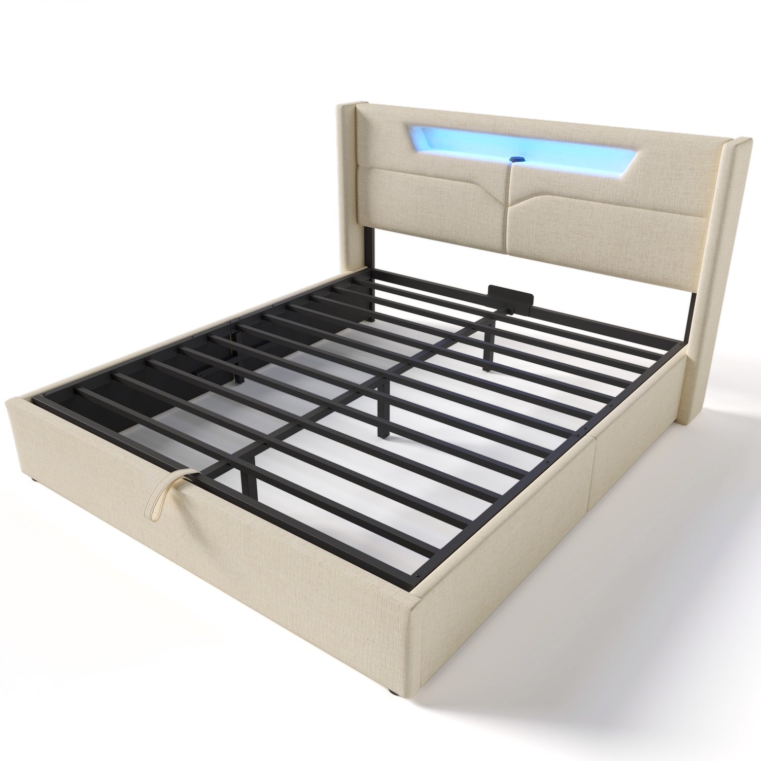 MUVANO Gestoffeerd bed van linnen 140x200 cm - tweepersoonsbed met LED-verlichting, USB-C, lattenbodem en opbergruimte - beige