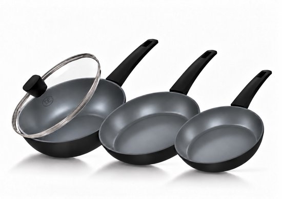 BE Living 3-delige pannenset: twee koekenpannen en een wokpan met glazen deksel, antraciet met zwarte handgrepen.
