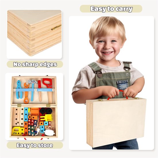 Houten gereedschapskist speelgoed - educatief houten speelgoed voor kinderen - veilig gereedschapsset voor peuters – Montessori speelgoed - rollenspel cadeau – klusset met Hamer, Zaag en moersleutel — afbeelding 5