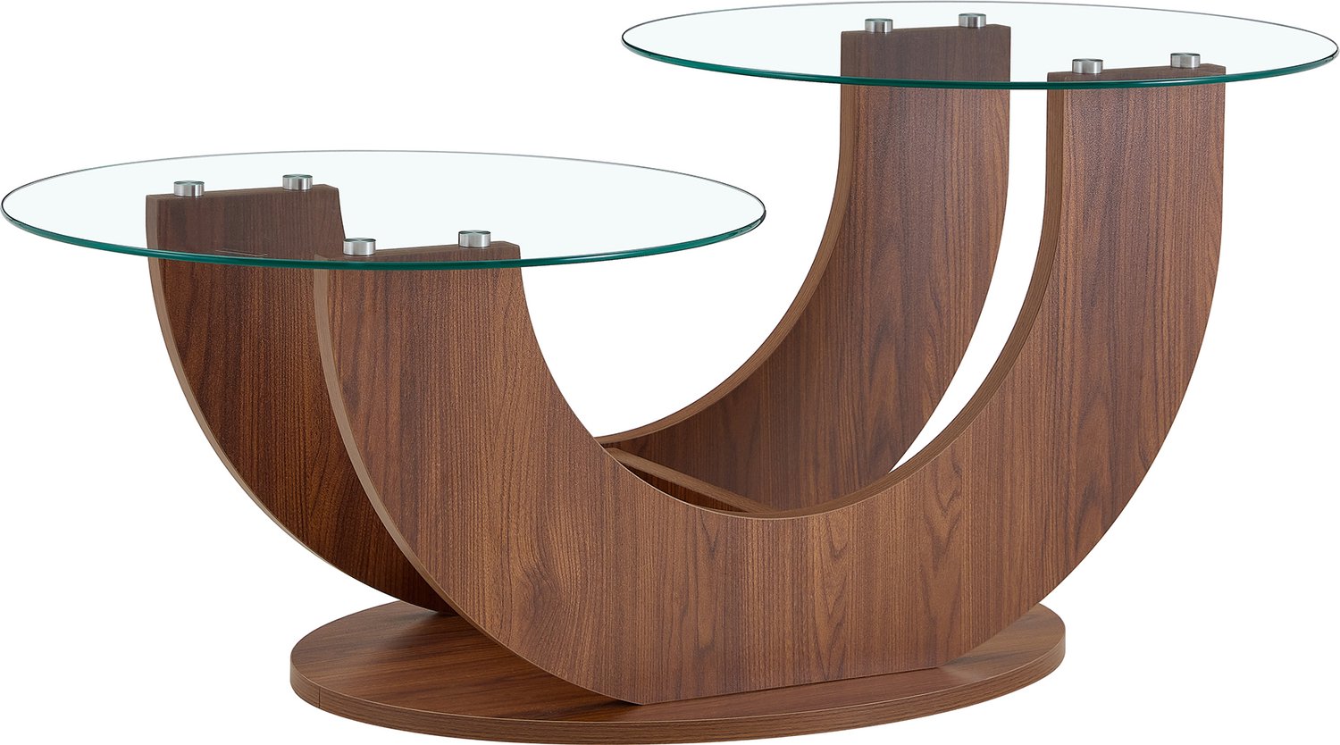 MUVANO Glazen salontafel met opbergruimte - Twee ronde bladen - Gehard glas en MDF - 49,8 cm hoog - Voor woonkamer - Transparant en walnootlook