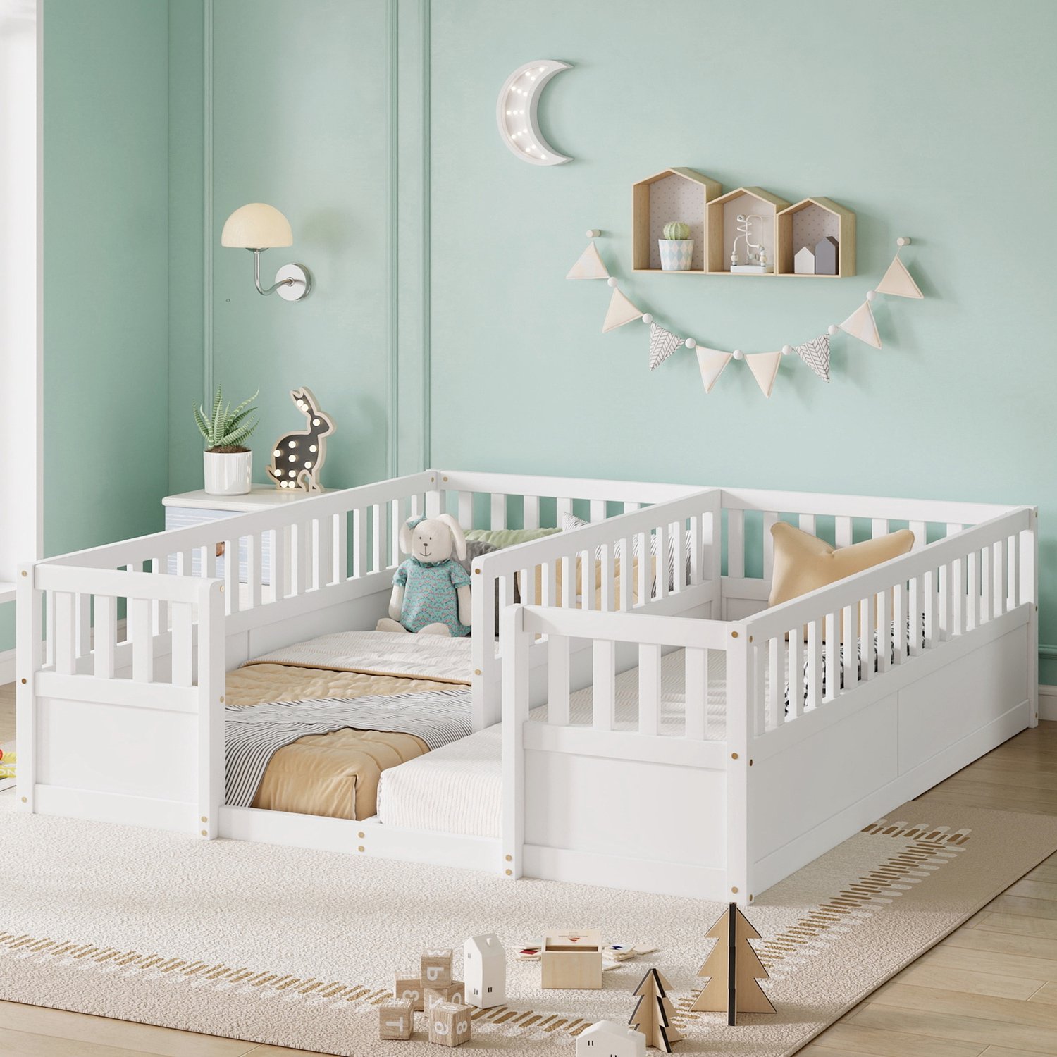 Wishdor Kinderbed 90x200 cm per slaapplaats - Twee slaapplaatsen voor kinderen - Laag vloerbed met hoge beschermhekken en open instap - Grenenhout en MDF - Wit
