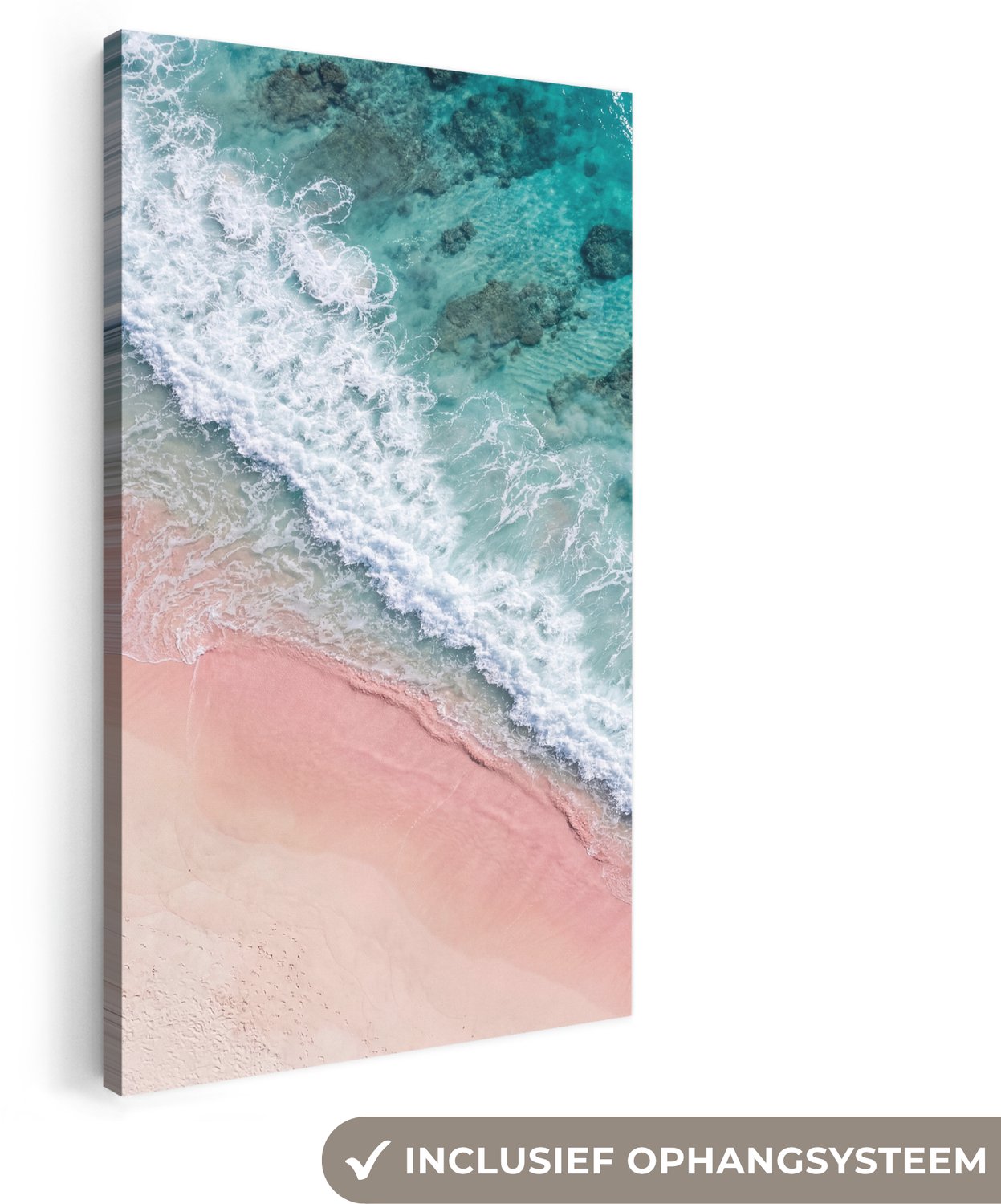 Canvas schilderij 20x40 cm - Exclusieve wanddecoratie Strand - Oceaan - Golven - Roze Zand - Natuur - Muurdecoratie woonkamer - Slaapkamer decoratie - Kamer accessoires - Schilderijen op canvas