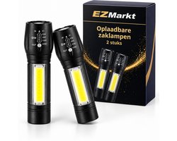 EZMarkt Oplaadbare Zaklampen – 2 Stuks – LED & COB Zijlicht – USB – Zwart – 10 cm