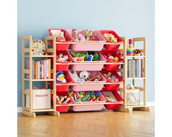 SpaceAid speelgoedkast - 6 planken en 12 opbergbakken - boekenkast/kinderboekenrek - speelgoed opbergers kinderkamer en slaapkamer, kamerdecoratie, rood en roze, breedte 133 cm