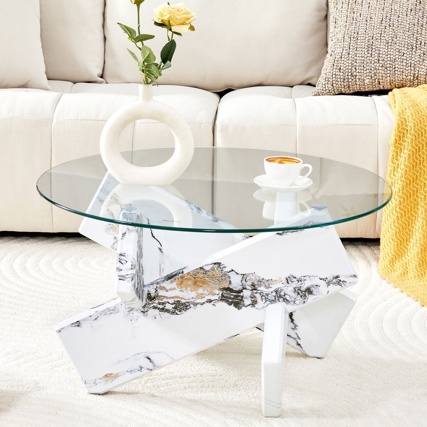 Pugsdrly Optioneel meerkleurige ronde salontafel van MDF + glas: witte steunpoten met marmerimitatiepatroon, eenvoudig en stijlvol. Diameter 79 cm, 0,8 cm dik oppervlak van gehard glas. Doorzichtig, wit