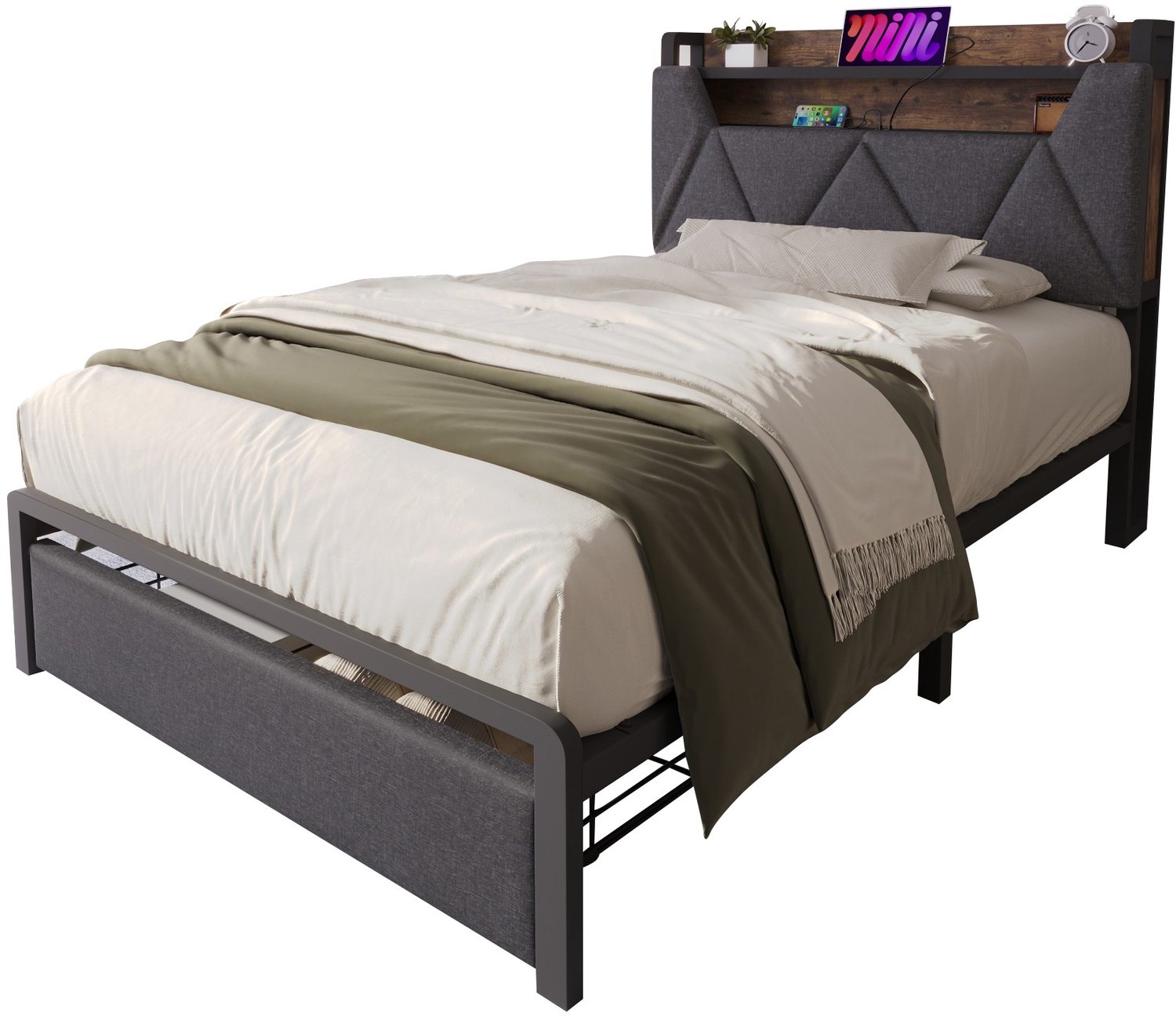 MUVANO Gestoffeerd eenpersoonsbed 90x200 - Opbergbed met USB-C en ledverlichting - Metalen lattenbodem en linnen - Lade en hoofdbord - Slaapkamer grijs