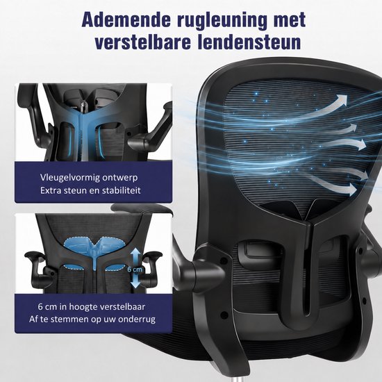 Durrafy Bureaustoel - Ergonomische bureaustoel tot 150 kg - Bureaustoelen voor Volwassenen - Getest volgens EN 1335 - Verstelbare Lendensteun - 90° Opklapbare Armleuningen - Dik Zitkussen - Zwart