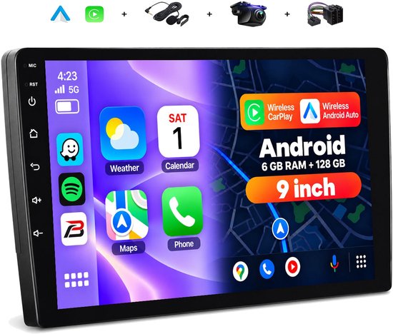 9-inch Android autoradio met touchscreen, draadloze CarPlay/Android Auto, 6GB RAM, 128GB opslag en meegeleverde camera.