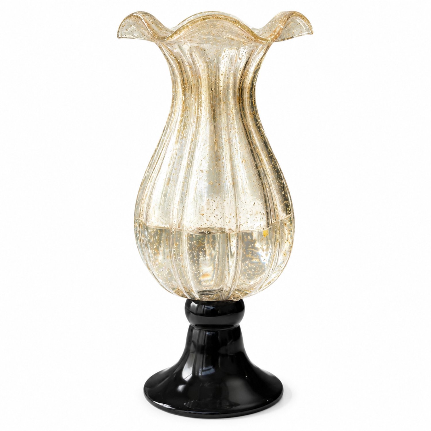 SWGOTA Grote glazen vaas op hoge zwarte voet - Goudspikkels, golvende rand en verticale ribbels - 36,5 cm hoog - In kartonnen doos