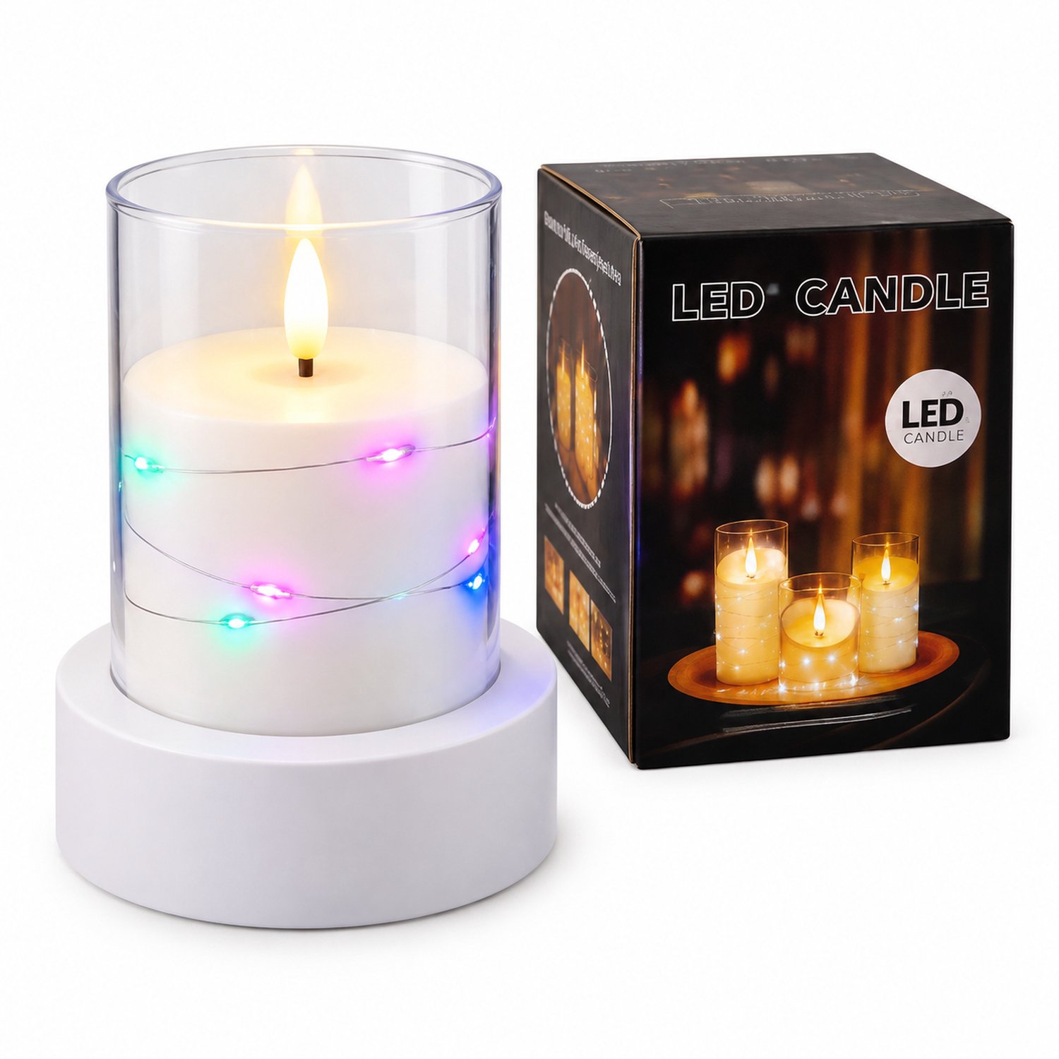 SWGOTA led kaarsen: kunststof kaarslamp 7,5 x 10 cm met gekleurde lichtslinger, vlakke bovenkant en puntige vlamvorm, zonder batterijen Ivoorwit