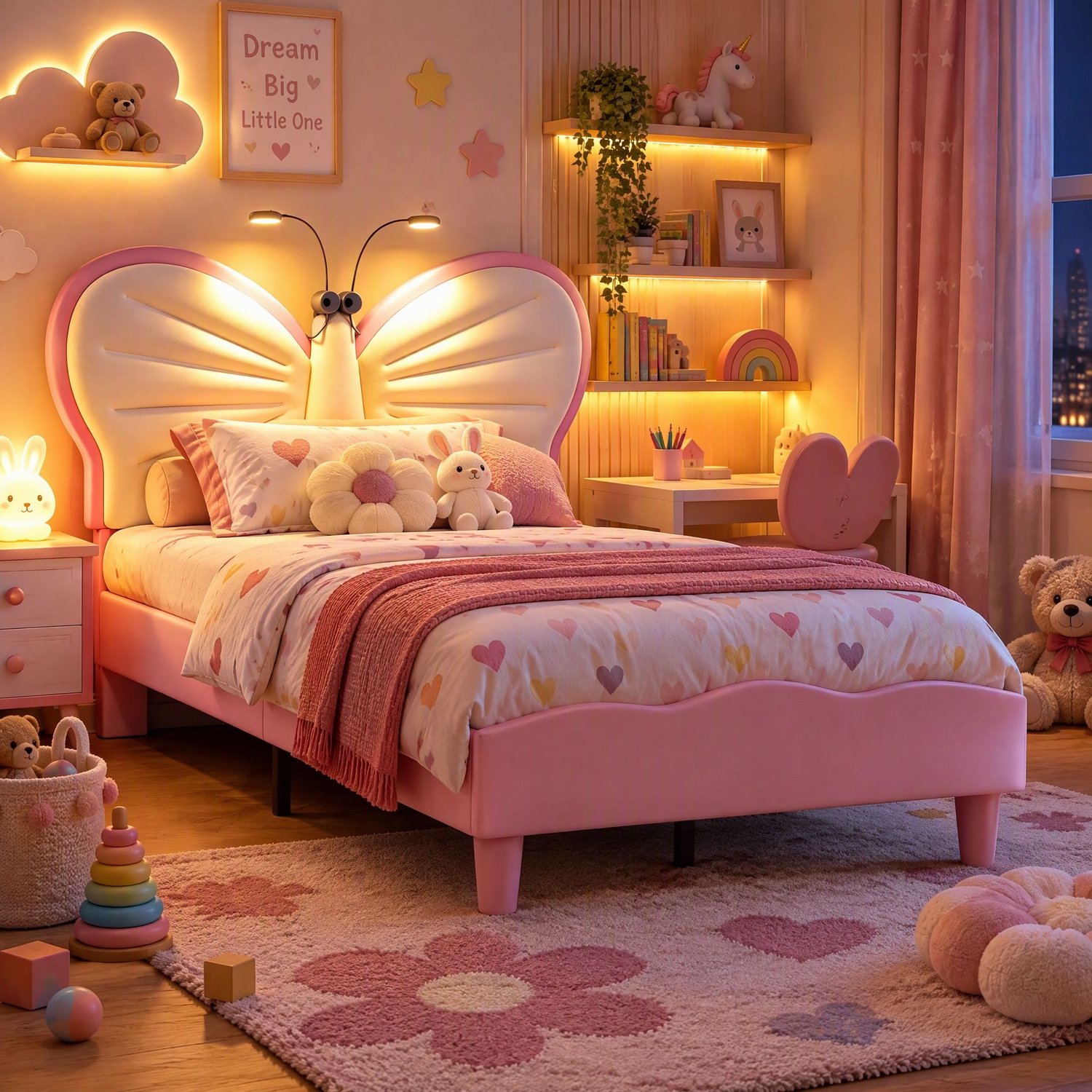 Mofor Gestoffeerd Kinderbed 90x190 cm met Leeslamp en Verstelbaar Vlindervormig Hoofdbord - Fluweel - Roze/Wit Roze, Wit