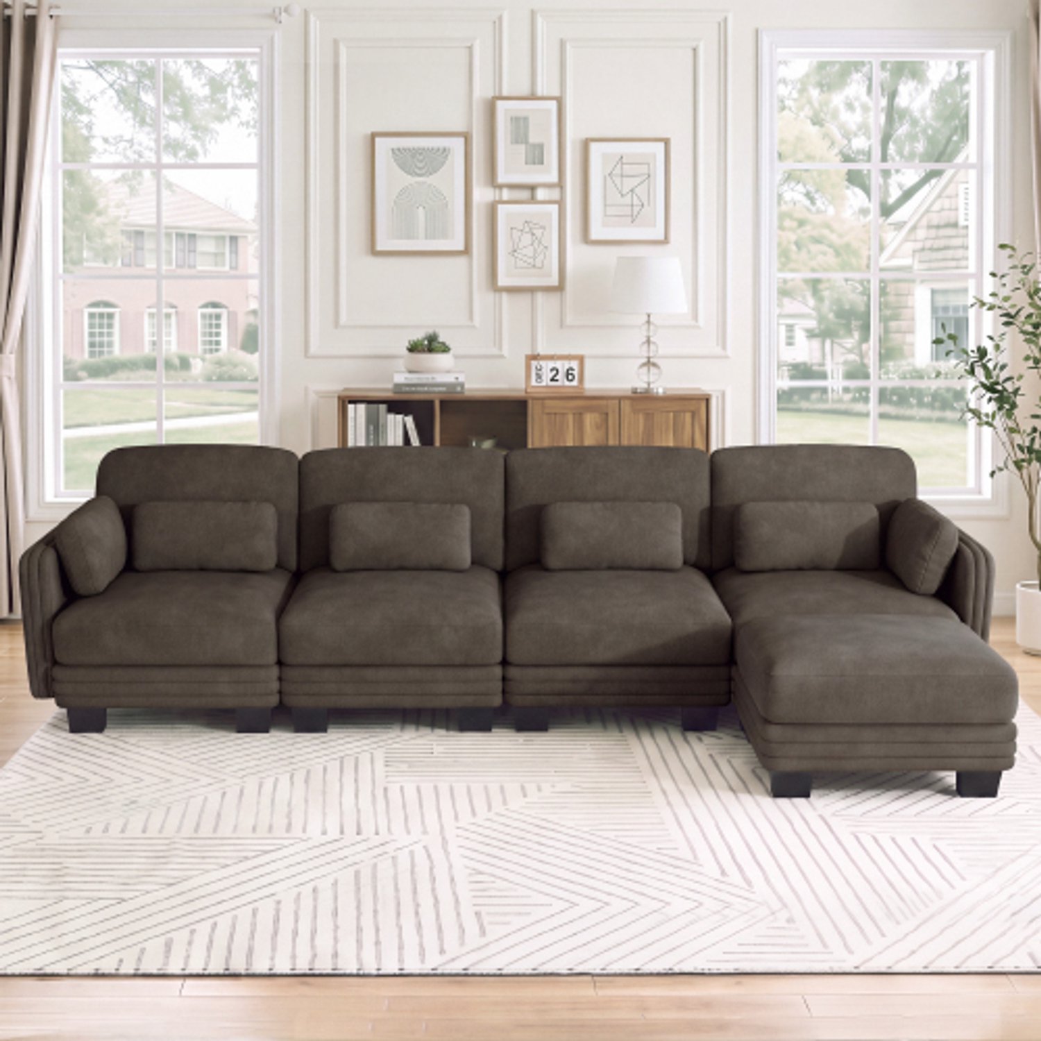 Vovtenza 4-zits L-vormige modulaire bank - chenille bekleding - inclusief lenden- en armkussens - vrij combineerbaar - met 1 poef - voor woonkamer en appartement - bruin Bruin-1 poef