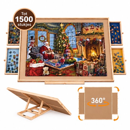 Houten puzzelbord voor 1500 stukjes met 4 lades, 360° draaibaar en kantelbaar. Tekst: Tot 1500 stukjes.