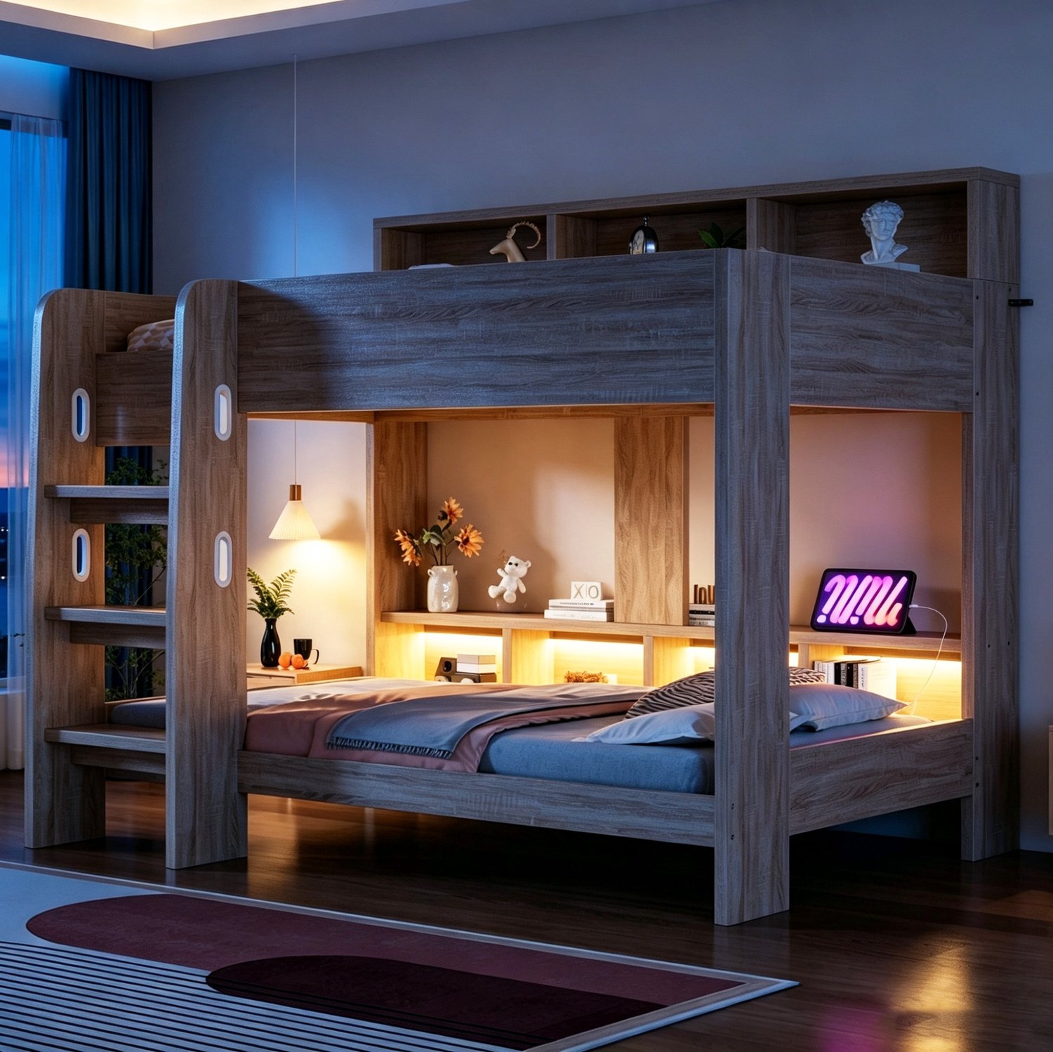 MIVRAY Stapelbed 90x200cm - Met Veiligheidsrek en Ladder - Opbergvakken en Ledlicht voor Slaapkamers - Zonder Matras - Multiplex en MDF - Houtkleur Natuurlijke houtkleur