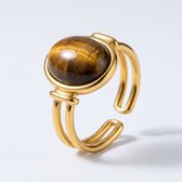 Lundholm Zoleste Ring Dames Goudkleurig met Steen Ringen – Premium Stainless Steel 2.5 Micron PVD Gold Plated – Verstelbare Ring met Tijgeroog Steen – One Size Cadeau voor Haar tips – Scandinavisch Design