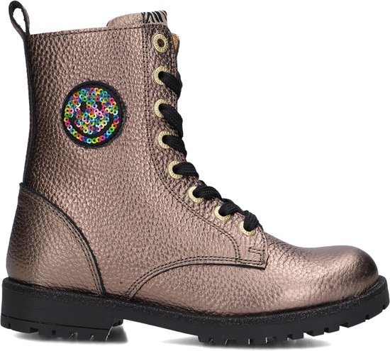 Bronzen Develab veterlaars met zwarte veters, gouden veterogen en een kleurrijk pailletten smiley embleem.
