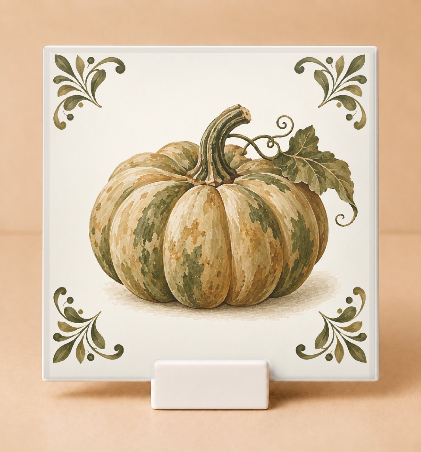 Bedruk King Sfeervolle Pompoen Tegel – Decoratieve Keramieken Herfsttegel voor Pompoenliefhebbers en Herfstfans - 15 x 15 cm met houder Wit