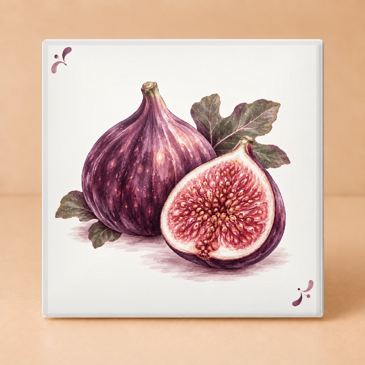 Bedruk King Sfeervolle Vijgen Aquarel Tegel – Decoratieve Keramiek Tegeltje voor Fruitliefhebbers en Keukenliefhebbers - 11 x 11 cm Wit