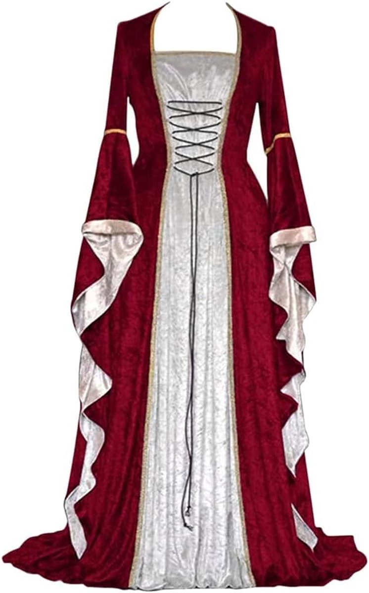 Middeleeuwse jurk met trompetmouwen, middeleeuwse Victoriaanse koninginnenjurk, renaissance, gothic, maxi-jurk, carnaval, Halloween, party, prinsessenkostuum