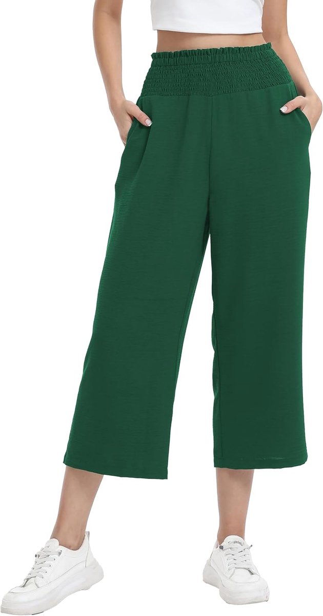 3/4 culotte broek elastische hoge taille zomerbroek | lichte driekwart capribroek met wijde pijpen en zakken