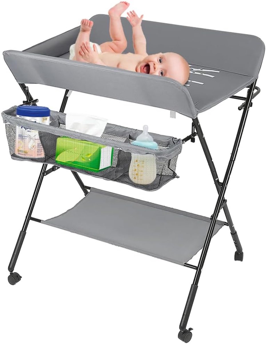 Opvouwbare en draagbare luiertafel, opvouwbare babykamer, in hoogte verstelbaar, giraffenpatroon, 80 x 66 x 92/95/98 cm, grijs