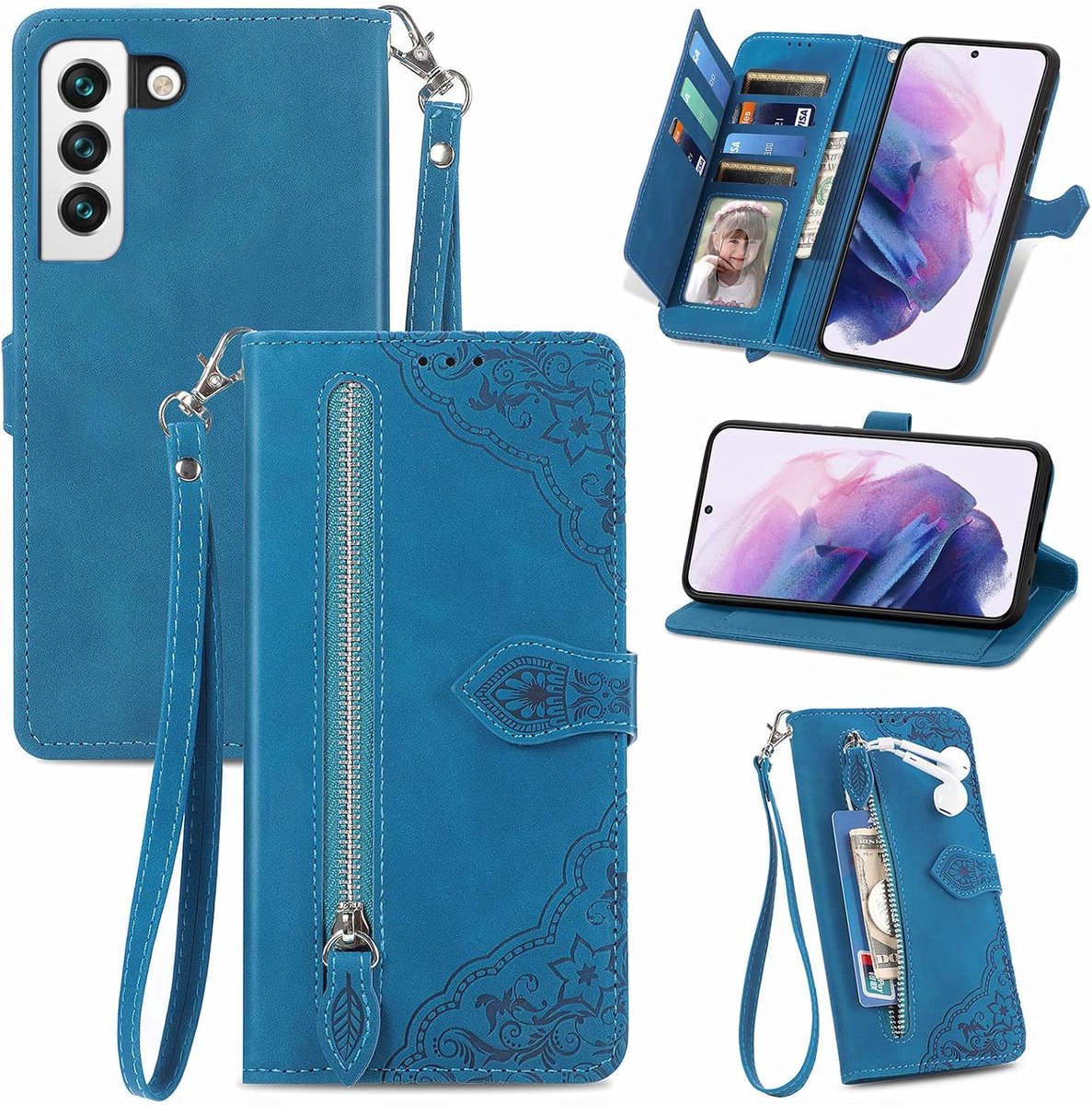 Hoes voor Samsung Galaxy S22, standfunctie lederen telefoonhoes met grote capaciteit magnetische sluiting kaartsleuven compatibel met Samsung S22 - Blauw