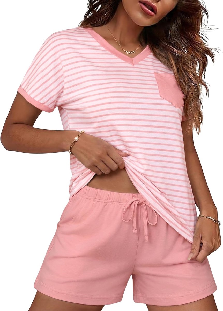 Pyjama voor dames, zomer, gestreept, korte katoenen pyjamaset, V-hals, korte mouwen, met zakken en trekkoord, comfortabele en ademende binnenkleding