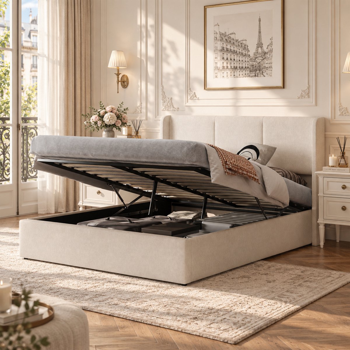 MEXUS Opbergbed 160x200 cm met opbergruimte, Tweepersoonsbed met lattenbodem, Gestoffeerd met hydraulische opbergruimte, Bed met lattenbodem, fluweel Beige