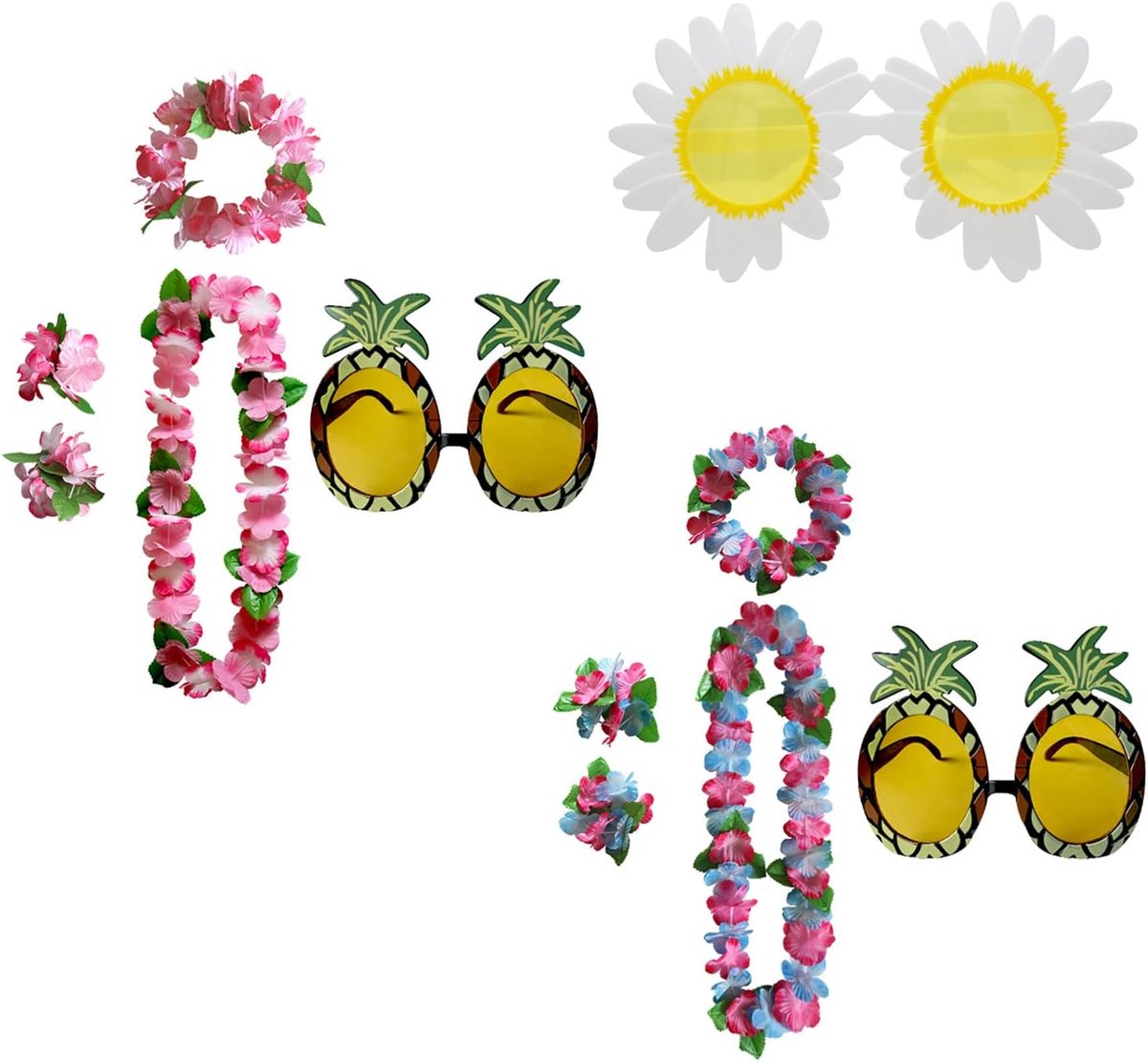 11-delige Hawaiiaanse kransset, Hawaiiaanse krans ketting armband en hoofdband, Hawaiiaanse bril, tropische feestdecoratieset voor themafeest, strandfeest en Hawaiiaans feest enz.