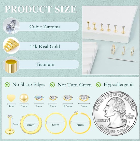 9 stuks helix piercings chirurgisch staal neuspiercing steker, neuspiercing titanium hypoallergene neusring dunne conch rook platte piercing oor goud tragus oorbellen set dames piercing sieraden — afbeelding 5