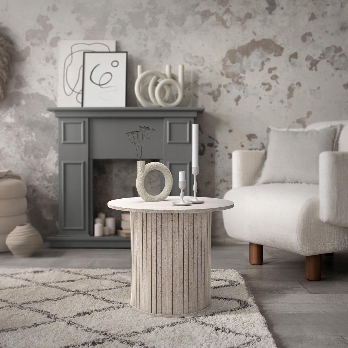 Salontafel rond Ø60 x 50 cm Steenlook, beige met verhoogd tafelblad multifunctionele bijzettafel modern woonkamermeubel elegant design voor koffie thee snacks en stijlvolle woondecoratie