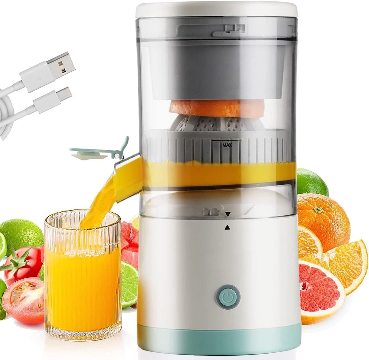 Elektrische citroenpers, sapcentrifuge voor fruit, draagbare USB-oplading, sinaasappelpers voor sinaasappels, citroenen, druiven, limoen, voor keuken, camping en onderweg