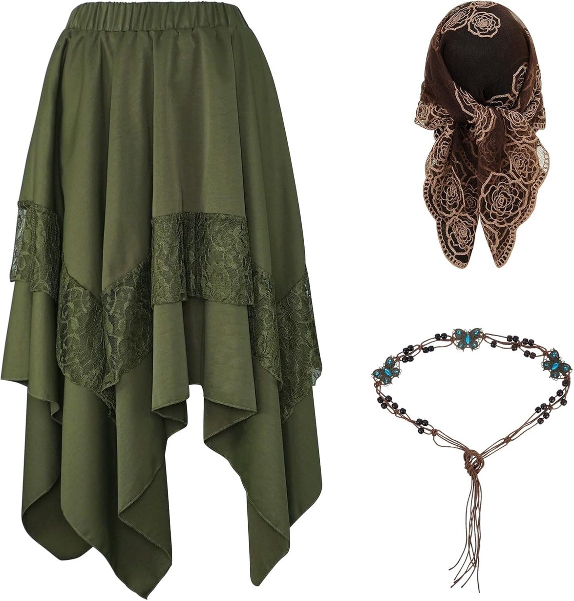 Steampunk-rok voor Dames,Victoriaanse High-low-rok met Kant,Middeleeuwse Renaissance-kostuum voor Halloween Carnaval,Elastische Tailleband, voor Carnavals- en Cosplayfeesten