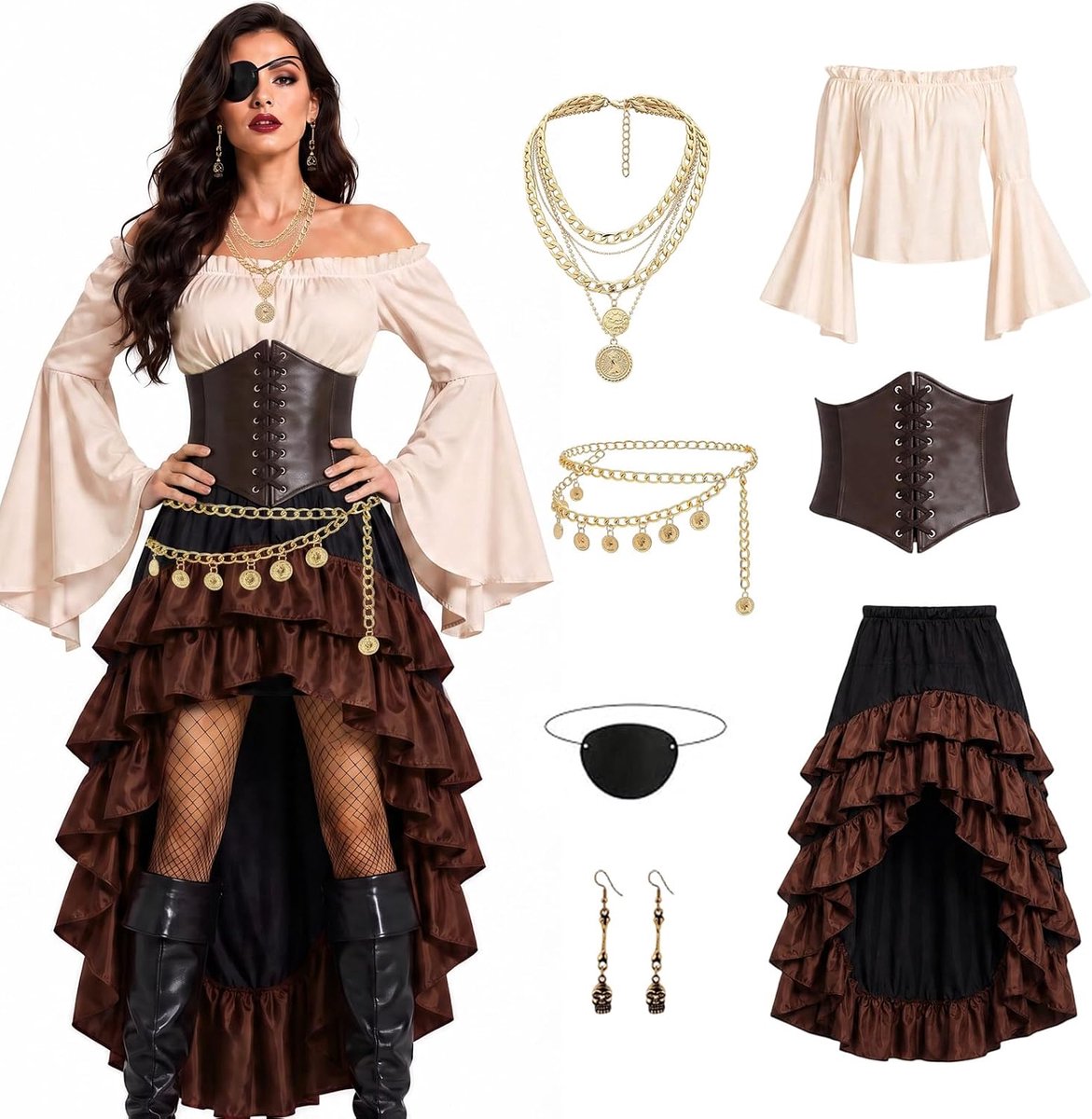 Piratenkostuum voor dames, set voor Halloween, carnaval, cosplay, beige, L