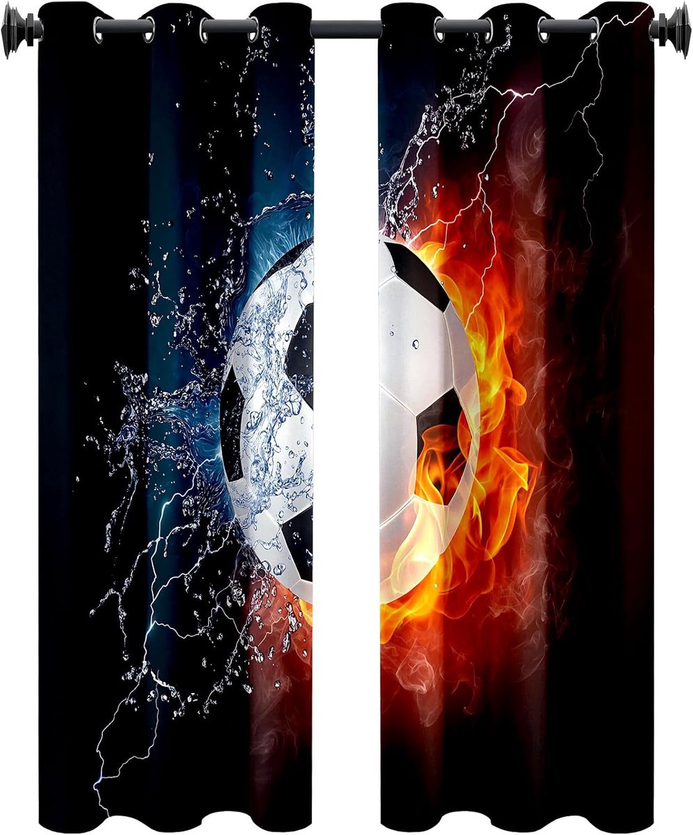 Set van 2 Fuussball-gordijnen, verduisteringsgordijnen, Fuussball-verduisteringsgordijnen, met oogjes, kleurrijk, voor slaapkamer, 120 x 140 cm