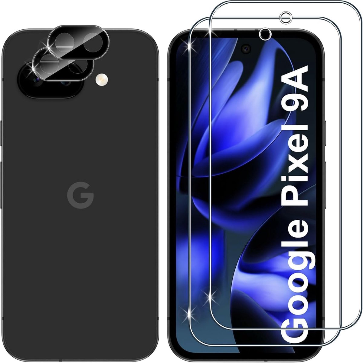 Screen protector voor Google Pixel 9a, 2 stuks krasbestendige displaybeschermfolie met 2 stuks camerafolie, HD helder, zonder luchtbellen, Ultra Boven 9H+ Gehard glas