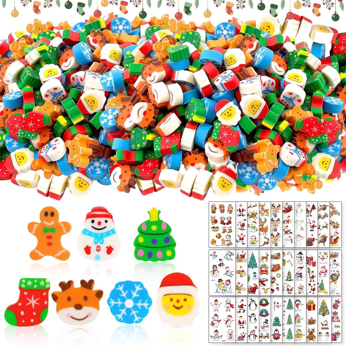 Gummen voor kinderen, 200 mini-gummen voor Kerstmis en 30 stickers voor kersttattoos, kerstfeesten om de kerstkous te vullen