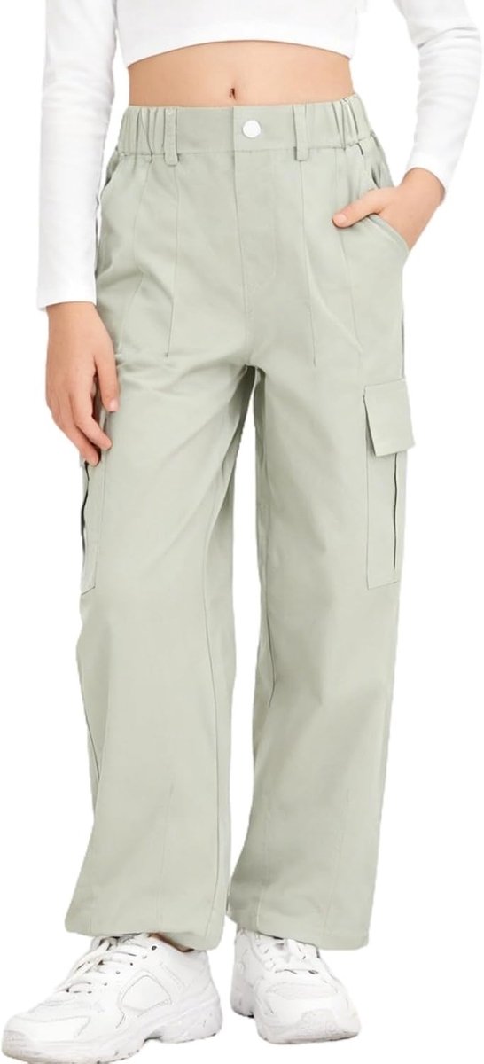 Cargobroek voor meisjes, katoenen baggy broek met elastische taille en meerdere zakken, voor kinderen van 6 tot 15 jaar