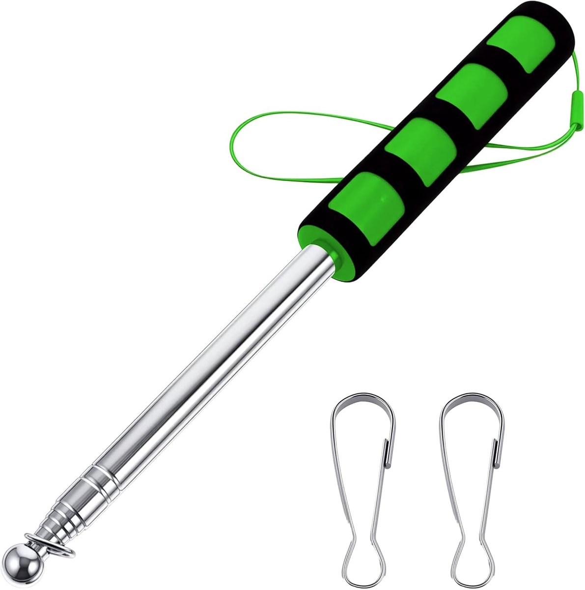 Vlaggenstang, 2 m, handheld telescopische vlaggenmast, roestvrij staal met clips, telescopische stang, uittrekbaar voor reizen, camping, reisgids, leraar (1, groen)