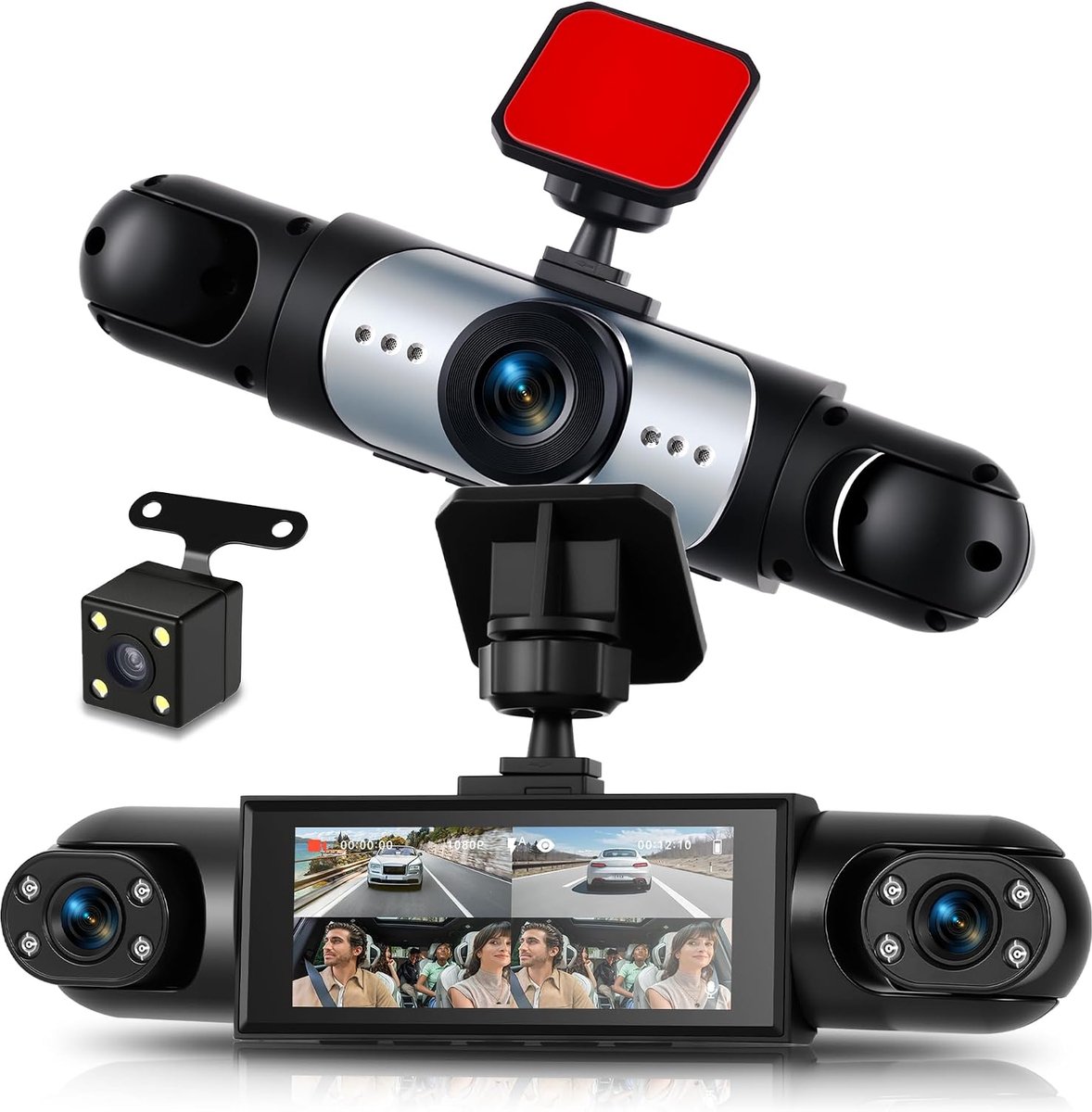 Dashcam autocamera, 4 kanalen, 360 graden, 8,9 cm (3,16 inch), geïntegreerd nachtzicht, bewegingsdetectie, 24/7 parkeermodus, achteruitrijhulp