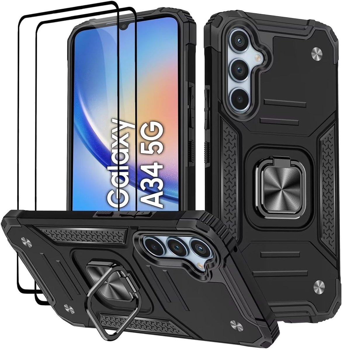 Hoesje voor Samsung Galaxy A34 / A34 5G, gehard glas, 2 stuks, beschermende siliconen en TPU, schokbestendig, stevige hardcover, zwart