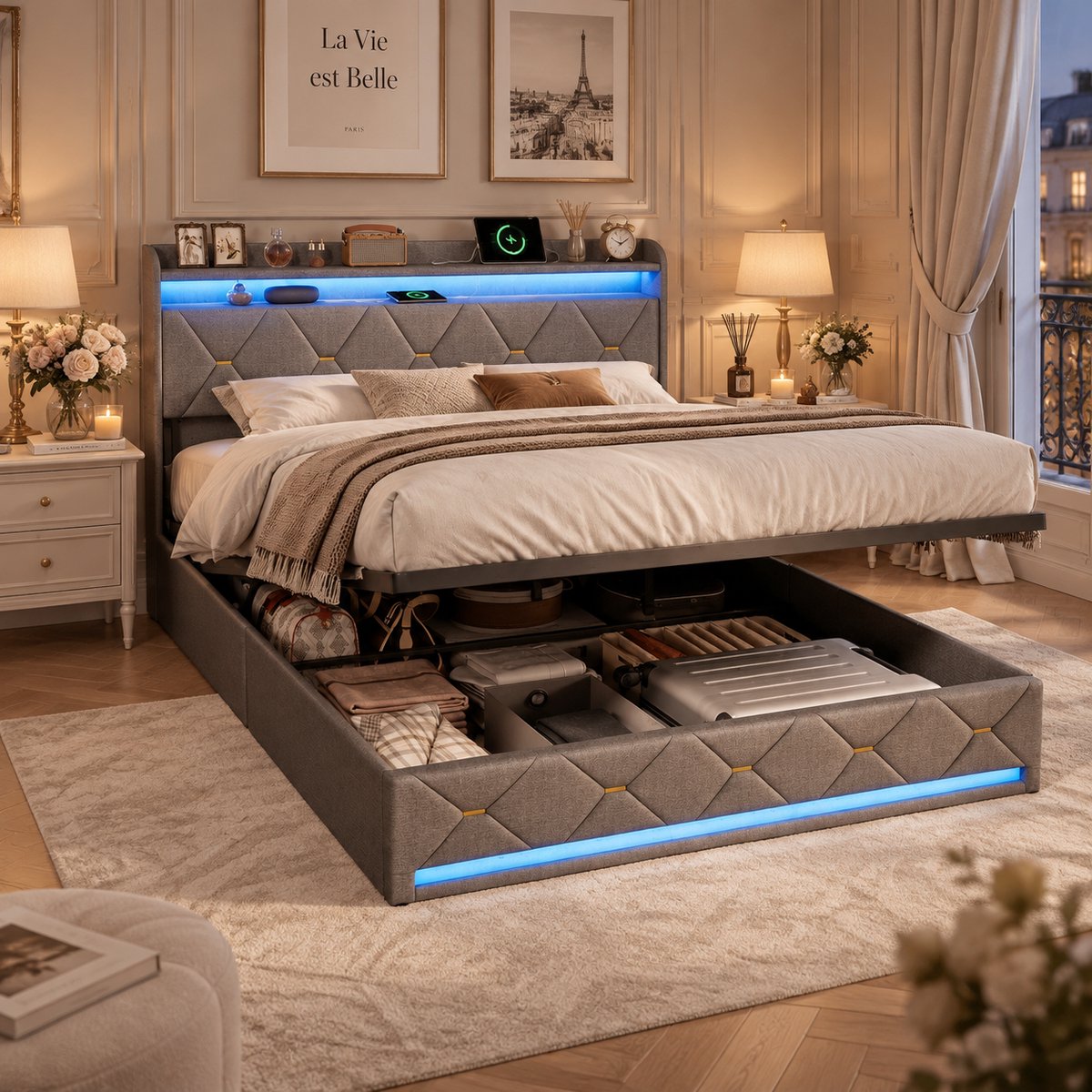 MEXUS Opbergbed 160x200 cm met ledverlichting en USB-aansluiting, Tweepersoonsbed met opbergruimte, Gestoffeerd hoofdeinde en hydraulisch opbergvak, bedframe 160x200 met lattenbodem, Linnen Grijs