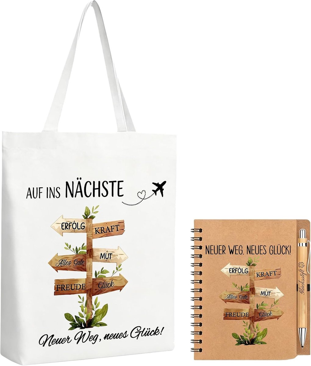 Afscheidscadeau voor collega's, stoffen tas, afscheidscadeau, collega, baanwisseling met notitieblok en balpen, houten katoenen tas, cadeau voor nieuwe baan voor collega's